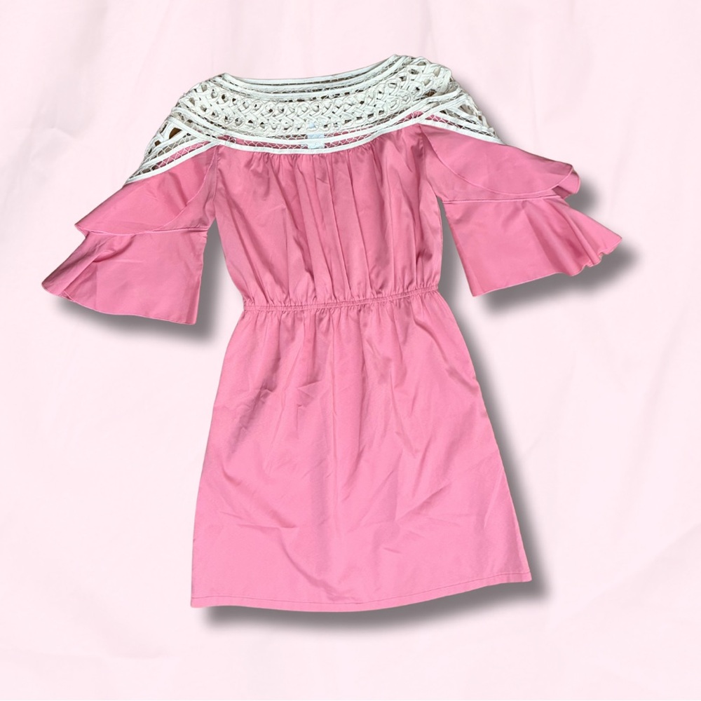 Esley Pink Off-Shoulder Kids Dress with Lace